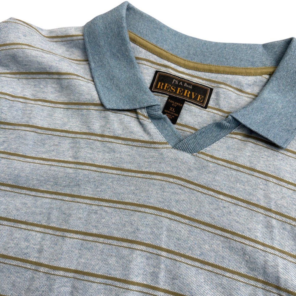 Jos A‎ Bank Reserve Mens XL Tailored Fit V-Neck Polo Shirt Blue Tan Striped